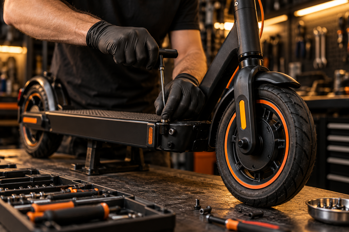 Técnico a reparar uma trotinete elétrica